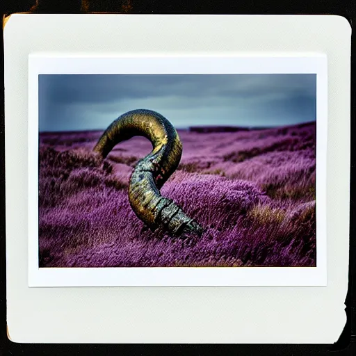 Image similar to polaroid photo of a sea serpent in the heather on the north yorkshire moors