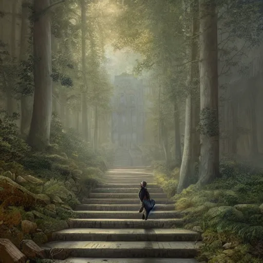 Prompt: a painting of a person walking up a set of stairs in a forest, a detailed matte painting by michael james smith, cgsociety, fantasy art, matte painting, cryengine, vray