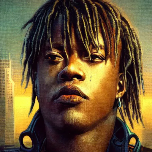 Image similar to cyberpunk, closeup portrait of a juice wrld, dramatic light, city background, sunset, dystopian setting, high contrast, sharp, neuromancer, henry dorsett case, painted by stanley lau, painted by greg rutkowski, painted by stanley artgerm, digital art, trending on artstation