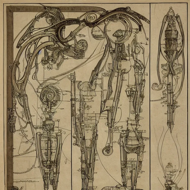 Prompt: detailed, intricate technical drawings on parchment from 1 8 4 0, with labels and notes, for a beautiful, symmetric, art deco robotic arm holding a paintbrush, a pencil, and scissors, by ron cobb and alphonse mucha