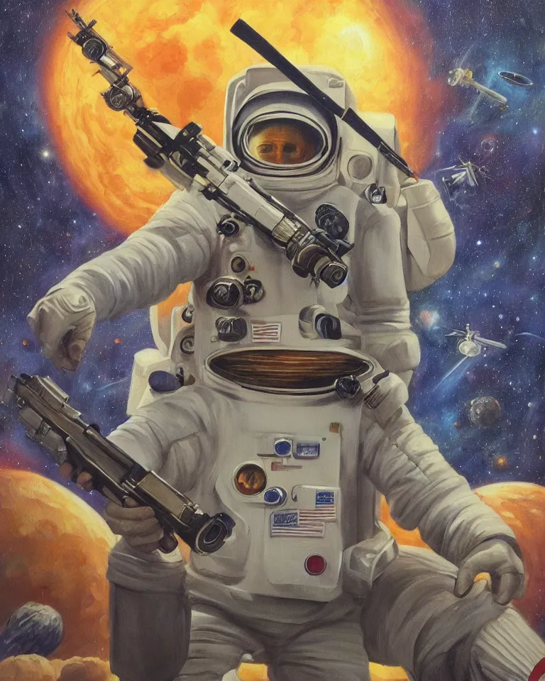 Image similar to a painting of a spaceman holding a rifle, concept art by barclay shaw, featured on deviantart, space art, concept art, sci - fi, cosmic horror