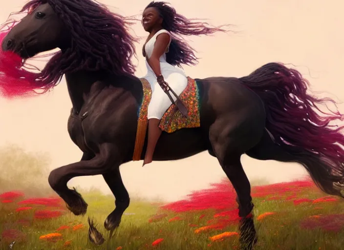 Image similar to full body portrait of young black woman riding a horse, flowing dreads, beautiful clydesdale, field of colorful flowers, highly detailed, digital painting, artstation, concept art, smooth, sharp focus, illustration, face by wlop, illustrated by mars ravelo and greg rutkowski