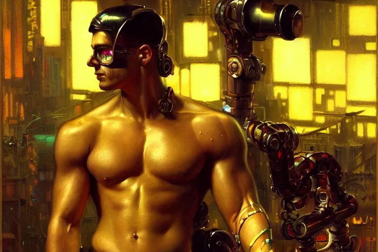 Image similar to cyberpunk style, attractive muscular male with tattoo, robotic arm, neon lights, cool tint, painting by gaston bussiere, craig mullins, j. c. leyendecker, tom of finland