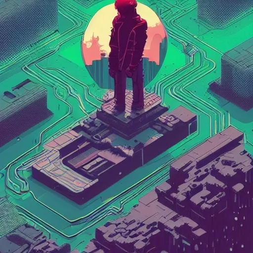 Image similar to Stunning isometric illustration of single cyberpunk explorer overlooking lush forest , highly detailed, midnight, small glowing orbs by Victo Ngai and James Gilleard , Moebius, Laurie Greasley