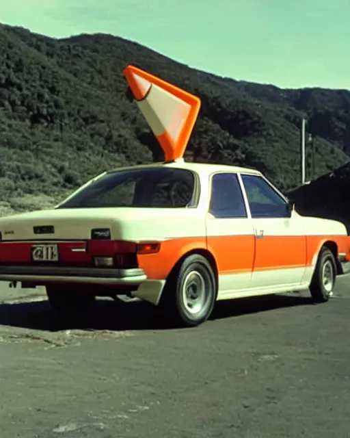 Image similar to film still of a toyota levin, mountain backround with a traffic cone nearby.