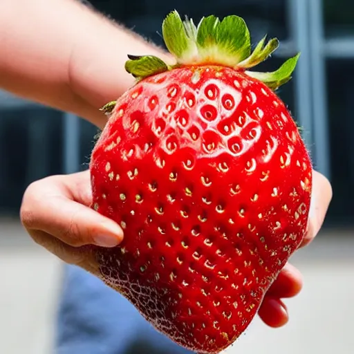 Image similar to a hand holding a giant 1 0 kg strawberry