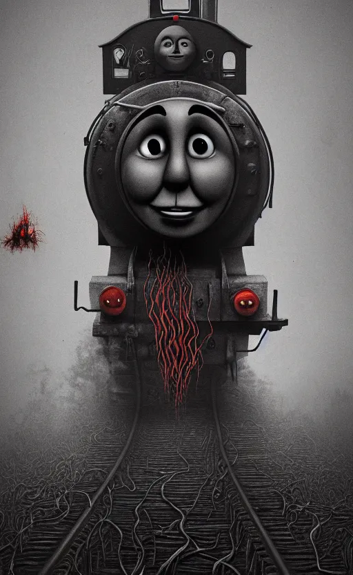 Image similar to thomas the tank engine in style of zdzisław beksinski, extremely dramatic lighting, 8 k, tendrils, black, darkness, black slime tendrils, infected, rust, body horror, thomas the train, thomas the tank engine face, horror,