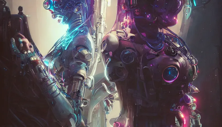 Prompt: contiousness, cyberpunk gorgeous goddess, neon, alterd carbon, mech suit, fibonacci, sweat drops, insane, intricate, highly detailed, digital painting, artstation, concept art, smooth, sharp focus, illustration, Unreal Engine 5, 8K, art by artgerm and greg rutkowski and alphonse mucha