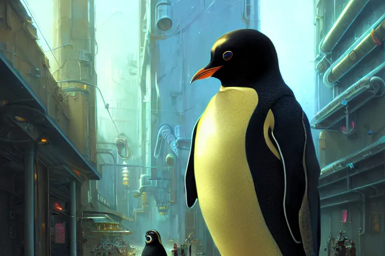 Image similar to A solarpunk very highly detailed Anthropomorphic cybertronic penguin with very highly detailed face on the street of a very highly detailed solarpunk sci-fi city digital rational painting art by Greg Rutkowski, sci-fi highly detailed, digital concept art, Dimensional cyan gold natural light, sharp focus, Golden Ratio illustration, realistic concept art by Stephen Hickman and James Gurney and Hiromasa Ogura Ghost in the Shell rendered in VRAY, From the distance