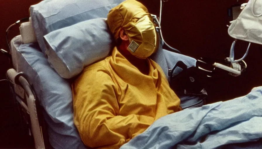 Prompt: 70s movie still of a man wearing gold mask in hospital, eastmancolor, heavy grain, high quality, higly detailed, liminal space