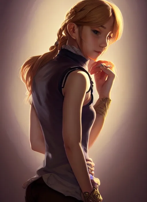 Image similar to portrait of a full body of beautiful young female detective, d & d, sleeveless turtleneck, fantasy, flat lighting, intricate, highly detailed, digital painting, artstation, concept art, smooth, sharp focus, illustration, misa amane, art by simon bisley and greg rutkowski and alphonse mucha, natural tpose