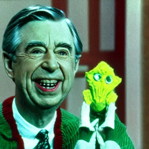 Image similar to mr. rogers proudly displaying an extremely disturbing horror puppet dripping with slime, color screengrab, 4 k