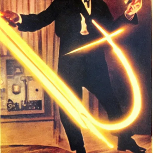 Prompt: UHD candid color photo of Nikola Tesla firing a phaser at Hitler, accurate faces, UHD, photorealistic, correct face, photo by Annie Leibowitz