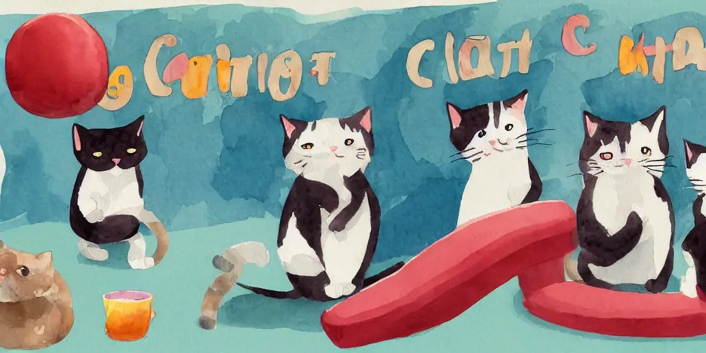 Prompt: watercolor illustration style, cute cats training in cat gym club