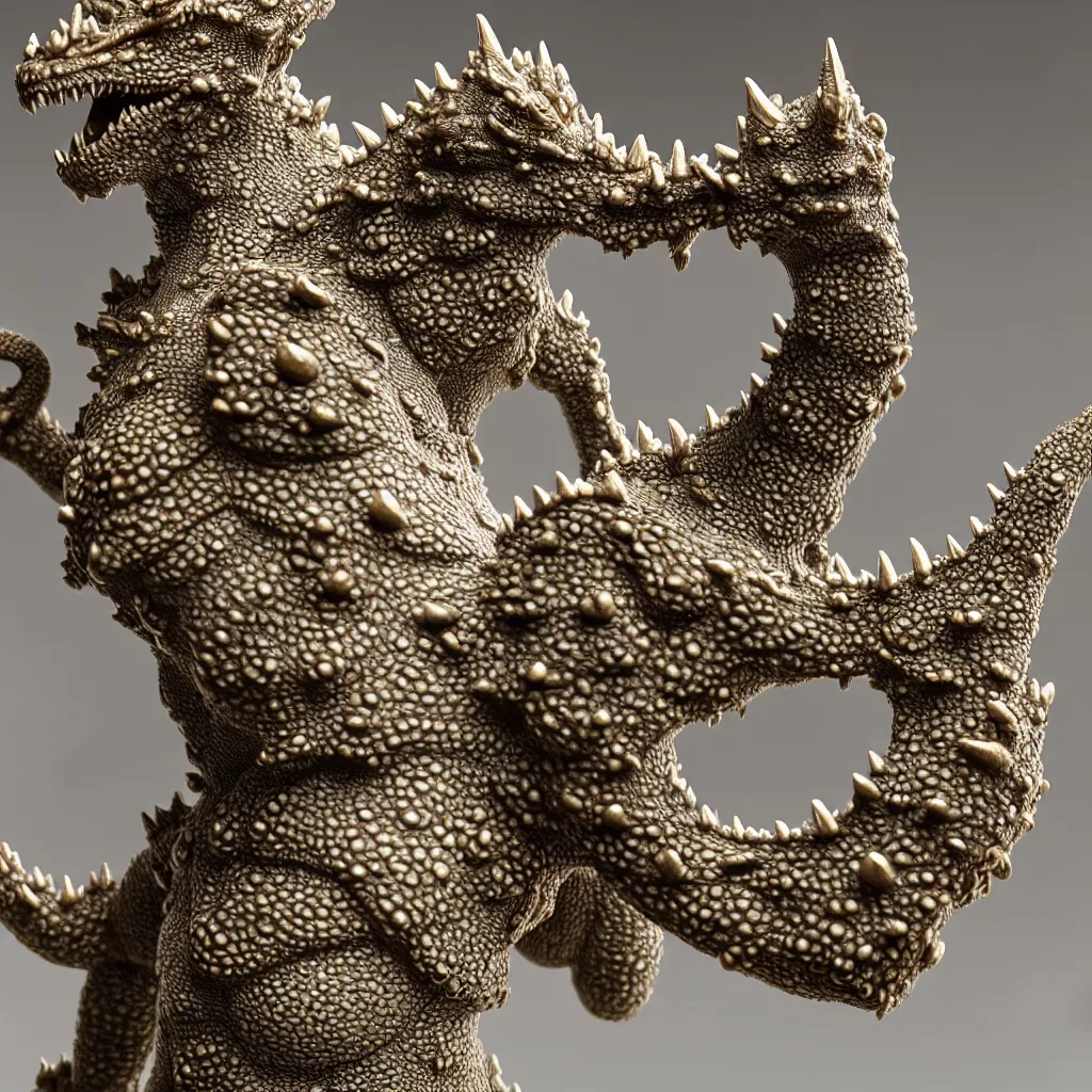 Image similar to a single close up photo - real delicate ceramic porcelain sculpture of an ornate symmetrical godzilla detailed in front of an intricate background by victo ngai and takato yamamoto, micro detail, backlit lighting, face in focus, subsurface scattering, translucent, thin porcelain, octane rendered, colorful, physically based rendering, japanese pottery, trending on cgsociety