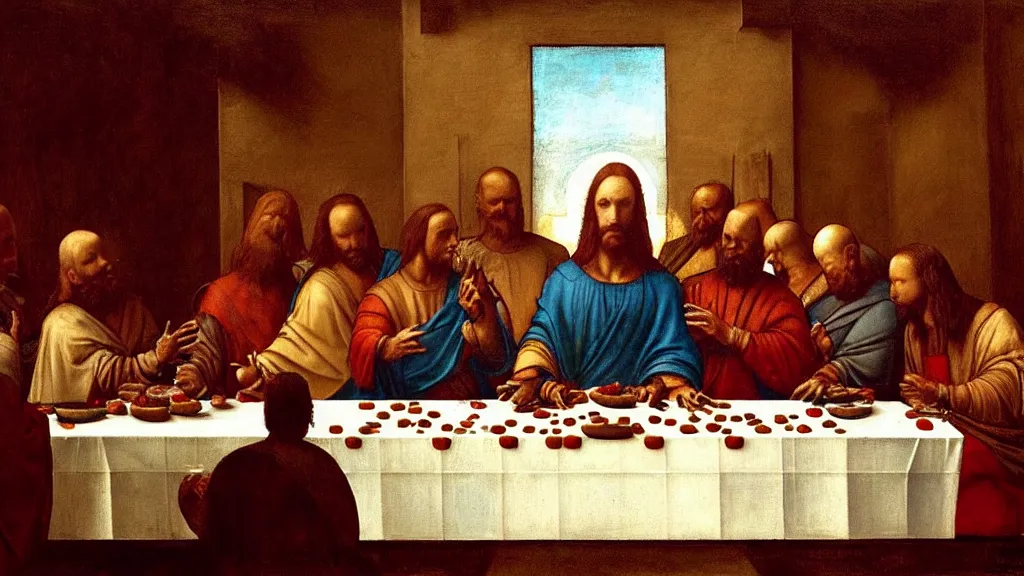 Prompt: mandalorian at the last supper, by leonardo davinci, concept art, oil painting, art station