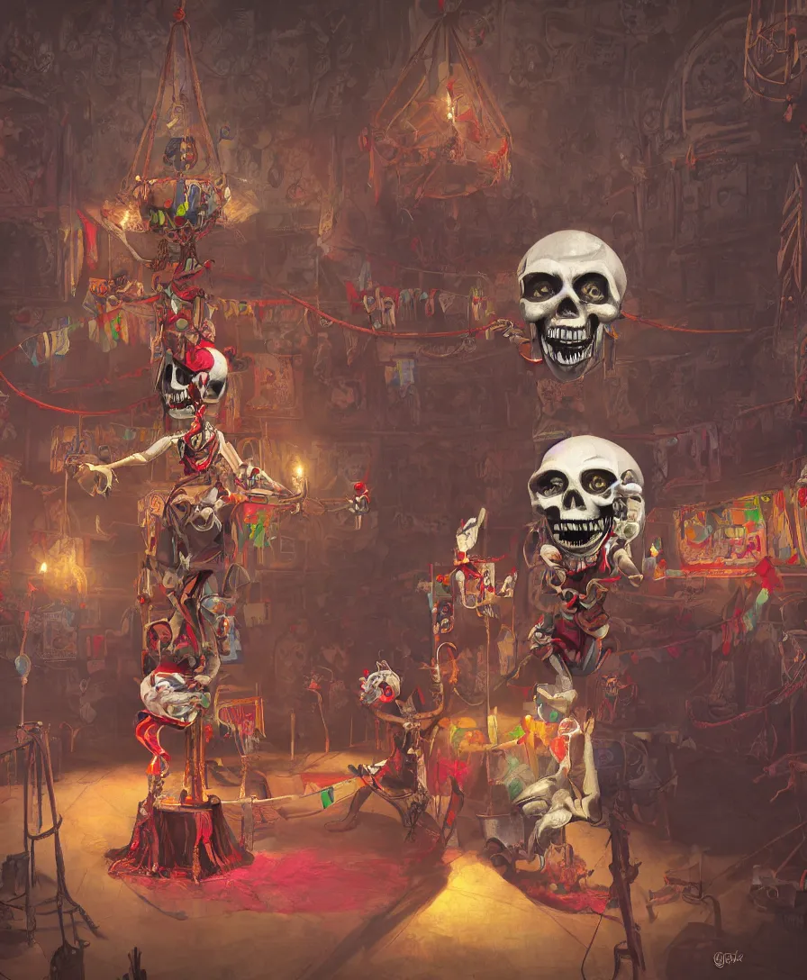 Image similar to skull clown inside a circus, artstation, concept art, illustration, by Greg Rutkowsk