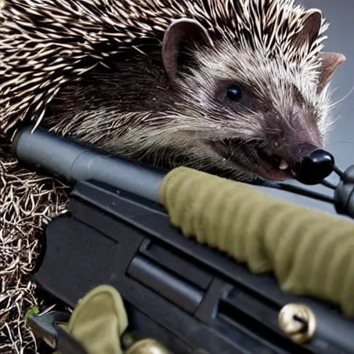 Image similar to still image of a hedgehog wearing body armor, hedgehog soldier with a gun, the hedgehog is holding a rifle, photo