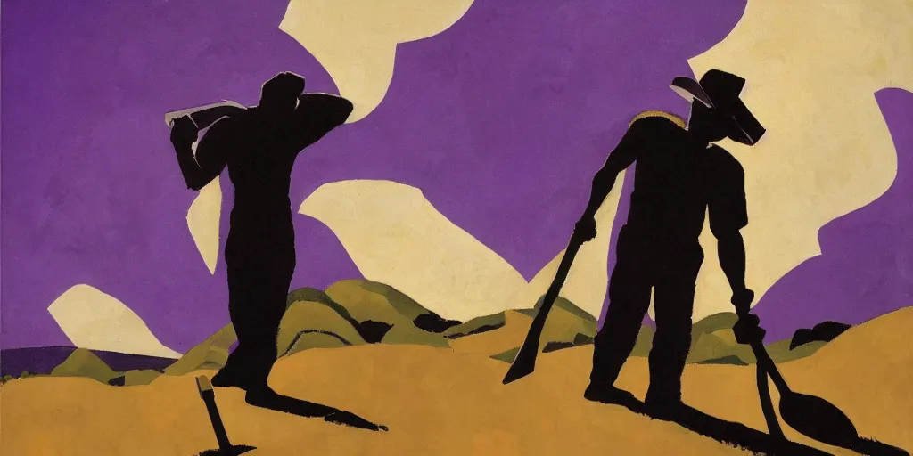 Image similar to old black man holding pick axe in hand, shades of purple, oil painting by aaron douglas,