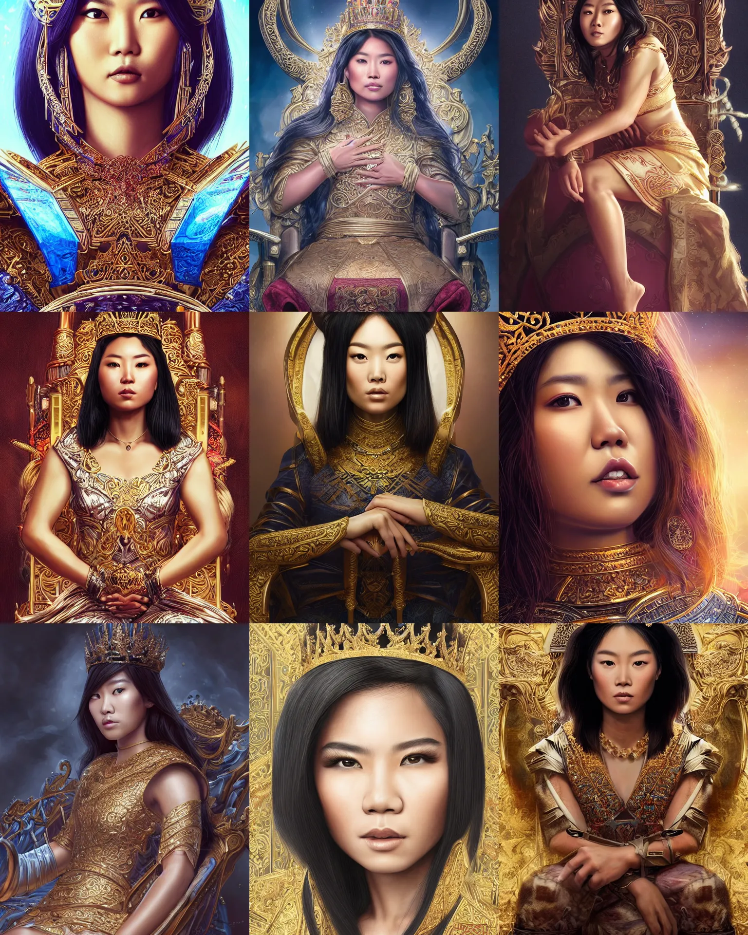 Prompt: closeup portrait of a strong fierce beautiful young asian queen with medium length hair, sitting on her throne, mother of mankind, ruler of the universe, future year 3 0 0 0, highly detailed, intricate, elegant, hyperrealism, digital art by ross tran and artgerm and greg rutkwowski and wlop, 8 k hd