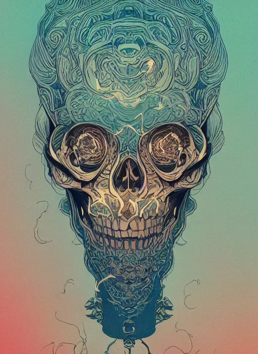 Prompt: beautiful illustration of a skull mask with glowing smoke coming out of the eyes, in the style victo ngai and sam guay and abigail larson and moebius, vibrant moody colors, trending on artstation