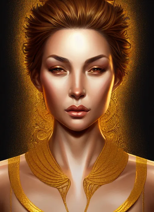 Prompt: portrait of female, gold, intricate, elegant, highly detailed, digital painting, artstation, concept art, smooth, sharp focus, illustration