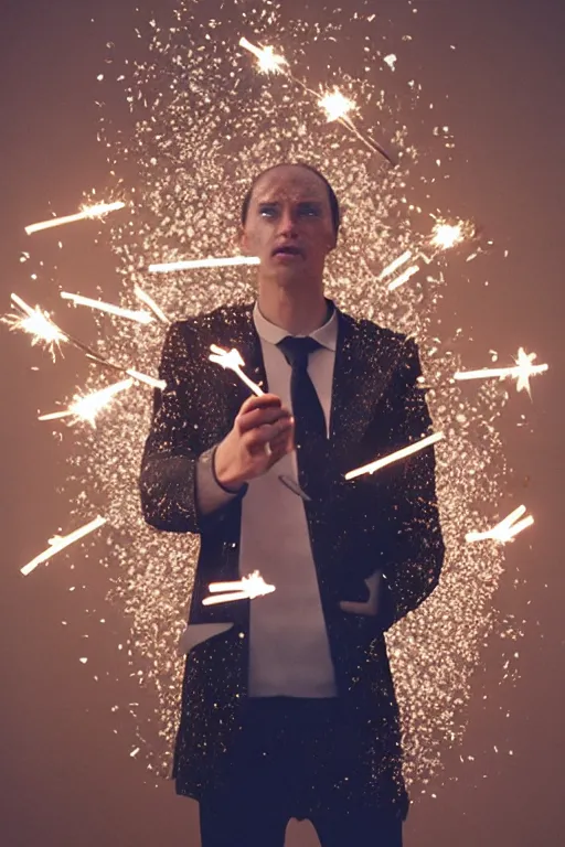 Image similar to margiela campaign featuring artist ben schumacher blowing out all the candles on the birthday cake, sparklers, realistic vfx simulation