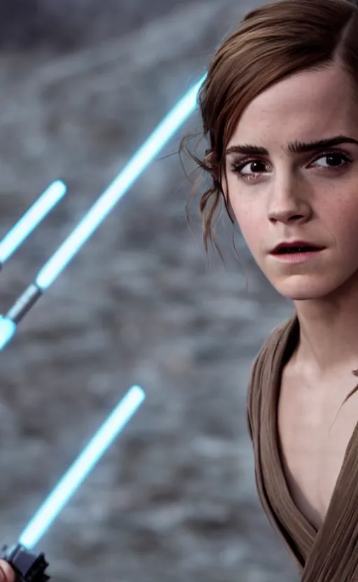 Image similar to a still of Emma Watson on Star Wars, maximum detail, ultra definition, 8K resolution