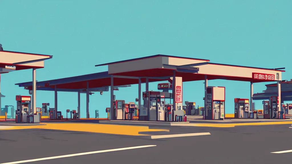 Image similar to Explosion at the gas station, flat design, screen print by Kawase Hasui and dan hillier, 8k unreal engine