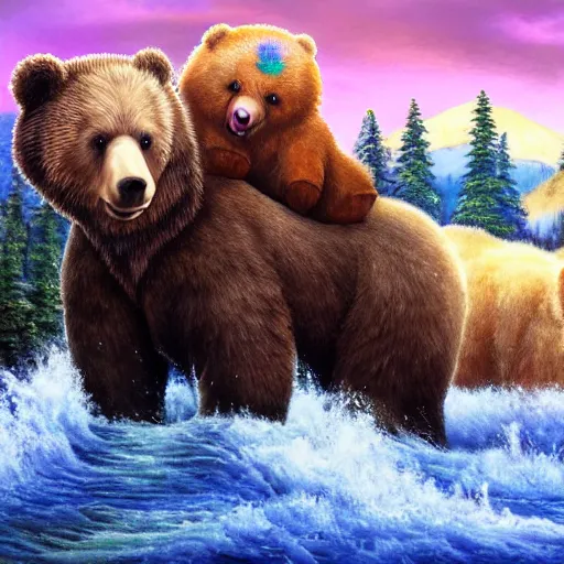 Prompt: bob ross riding on the back of two bears across a river, a colorized photo by bob ross, shutterstock contest winner, fantastic realism, bob ross, national geographic photo, majestic