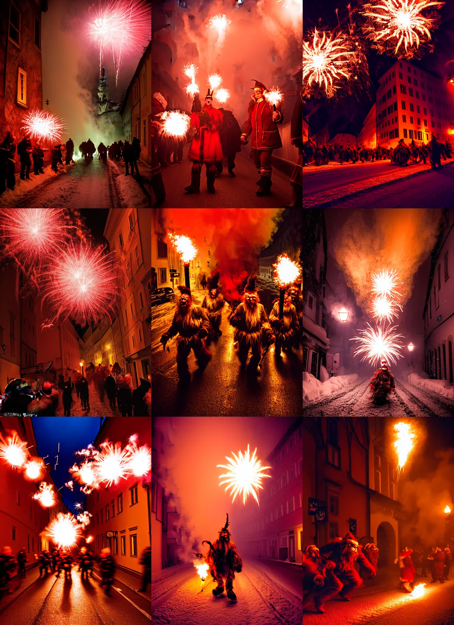 Image similar to kodak portra 4 0 0, winter, hellfire, award winning dynamic photograph of a bunch of hazardous krampus by robert capas, motion blur, in a narrow lane in salzburg at night with colourful pyro fireworks and torches