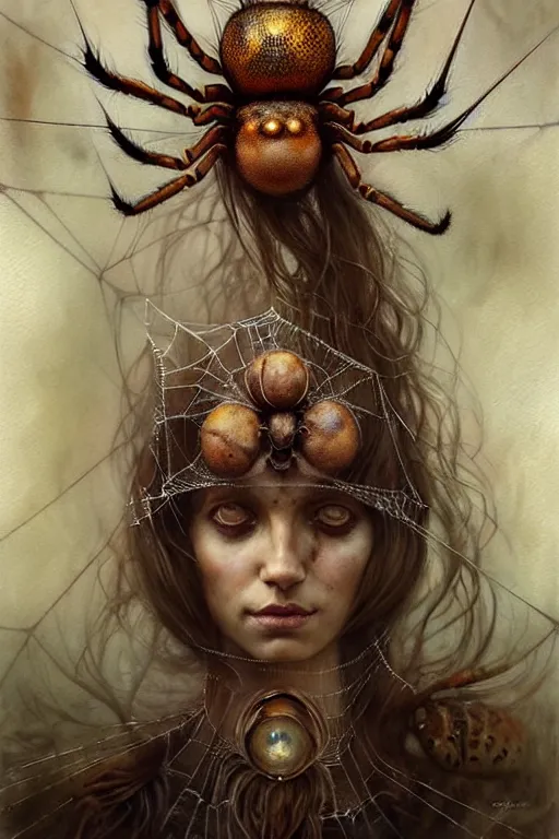 Prompt: spider queen | esoteric symbolism | jean - baptiste monge, esao andrews, bastien lecouffe - deharme, tim jacobus, ken currie | ultra - detailed realism, soft cinematic lighting, hi - fructose, artstation, high - quality, ink watercolors wes anderson poster art