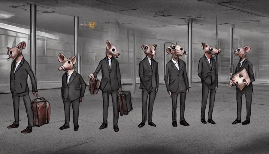 Image similar to anthropomorphic rats in suits waiting for the train, dystopian art, artstation, photorealistic rendering, concept art