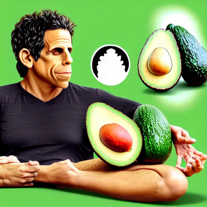 Prompt: ultra realistic illustration of ben stiller in the lotus position meditating with closed eyes, balancing stack of avocado on his head