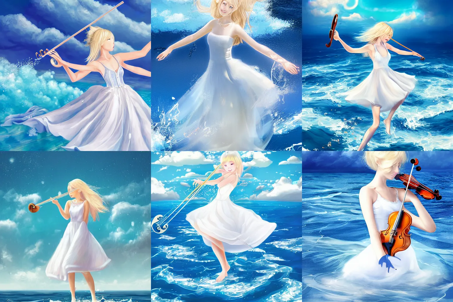 Prompt: high detail digital art of a blonde girl wearing a white dress while passionately playing her violin and standing on water waves in the middle of the ocean surrounded by a blue sky and soft puffy clouds by 羅 光佑 and Mitsu Art, vibrant, expressive, trending on artstation