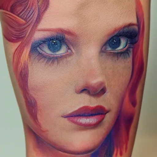 Image similar to tattoo of close up portrait photo of a real beauty redhead, 8k,