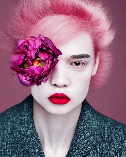 Image similar to androgynous portrait, close-up, high sharpness, zeiss lens, fashion photo shoot, peony flowers, pink hair, red lipstick, on metal background, Annie Leibovitz and Steve McCurry, David Lazar, Zhong Lin, Jimmy Nelsson, Eiko Hosoe , artistic, hyper-realistic, beautiful face, octane rendering