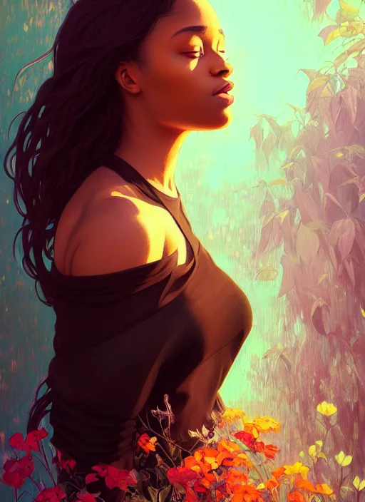 Image similar to beautiful young black women with shoulder length brown hair, half body shot, path traced, highly detailed, high quality, digital painting, alena aenami, lilia alvarado, shinji aramaki, karol bak, alphonse mucha, tom bagshaw