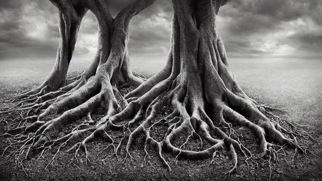 Image similar to tree roots reaching up from underground into the clouds, surrealism photography by Sarolta Bán