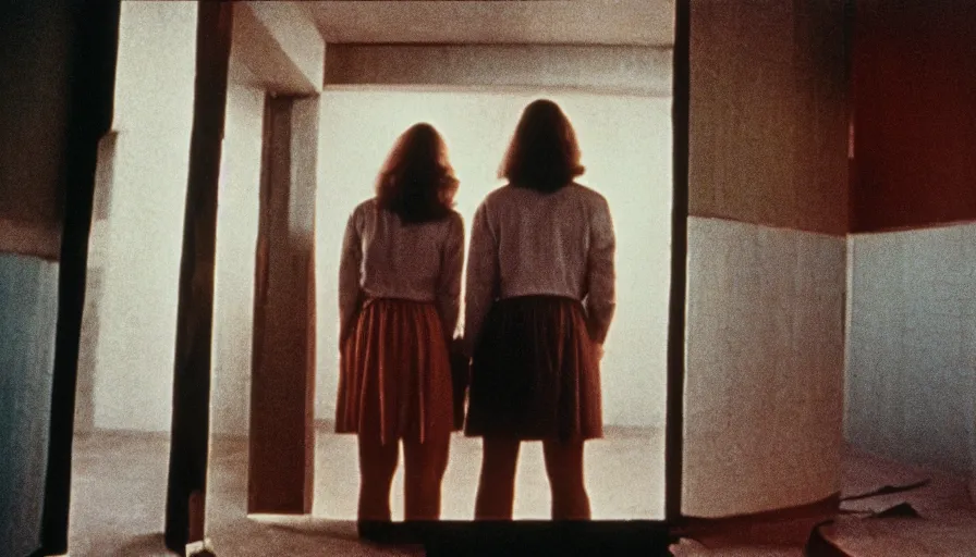 Image similar to 7 0 s film still from a horror movie of two young adults standing in profile and facing each other looking downwards while standing in a liminal space, kodachrome, cinecolor, cinestill, photorealism, cinematic, film grain, film texture, vhs recording