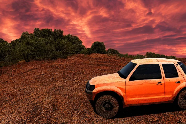 Prompt: far away rally car on the dirt road, extremely detailed digital art, sunset, orange gradient, 8k