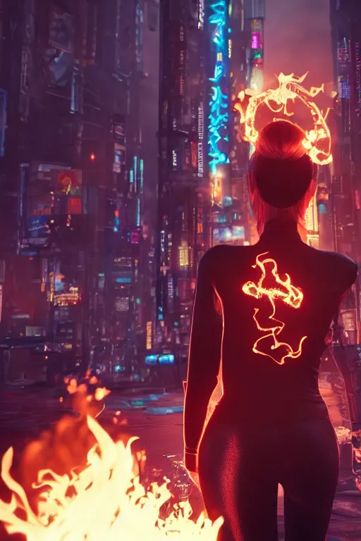 Prompt: young blonde woman from behind with flames dancing on her hands with a long jacket in a cyberpunk city, realistic, high definition, 4K, shimmering color, art of unreal engine 5