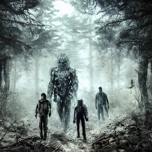 Image similar to sci - fi monster hunters, walking in a flesh and bones forest, hyperdetailed, art makoto kobayashi