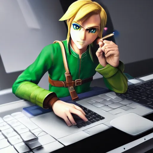 Prompt: Link from Zelda, sitting at a desk programming on a computer, close-up shot, cozy, elegant, realistic character concept, indoor lighting, hyperdetailed, high resolution, insanely detailed and intricate, Yusuke Nakano