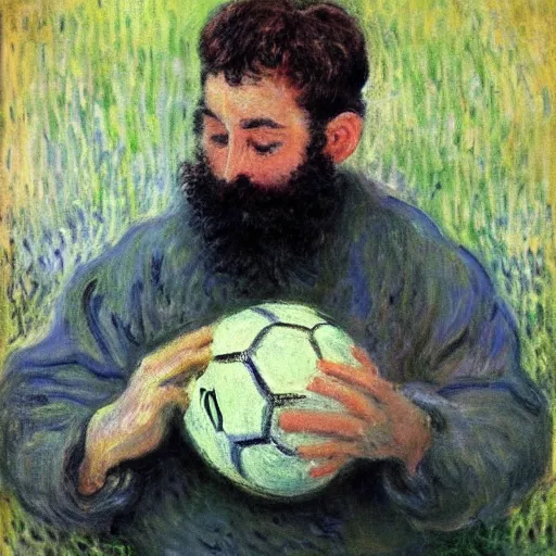 Image similar to monet painting of a bearded man with short hair kissing a soccer ball, closed eyes, intimate, beautiful, highly detailed, realistic,