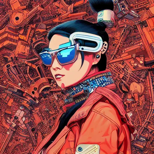 Prompt: hyper detailed comic illustration of a cyberpunk Japanese girl wearing futuristic orange sunglasses and a punk jacket, markings on her face, white ponytail, by Josan Gonzalez and Geof Darrow, intricate details, vibrant, solid background