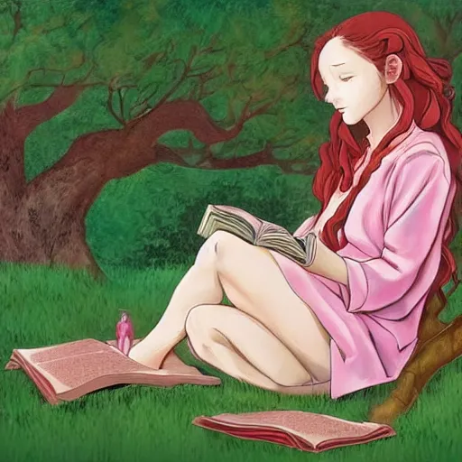 Prompt: beautiful ittle girl with long curly red hair dressed in a pink kimono and sitting next to a tree while reading a book, artwork made in western comic art style inspired in balthus and made in abyss, anatomically correct, higher details