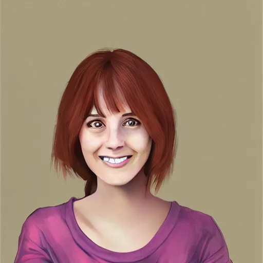 Image similar to Fullbody picture of Young woman with auburn hair looking into the camera and smiling slightly, digital painting, 8k