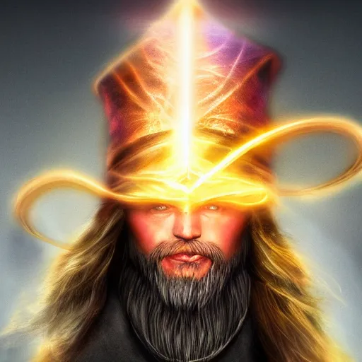 Prompt: a male wizard, glowing, frontal view, cool looking, high resolution