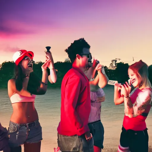 Image similar to a bill. a bong. a group of friends. enjoying themselves and laughing it up. sun set. red accents.